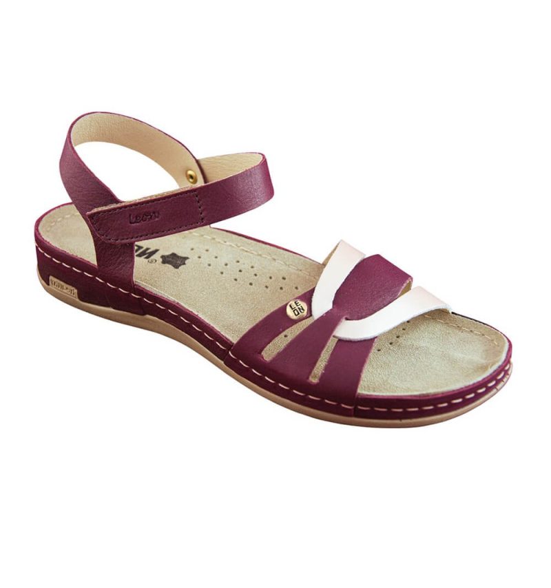 Sandale dama Leon 961, de vara, din piele, bordo/alb 38