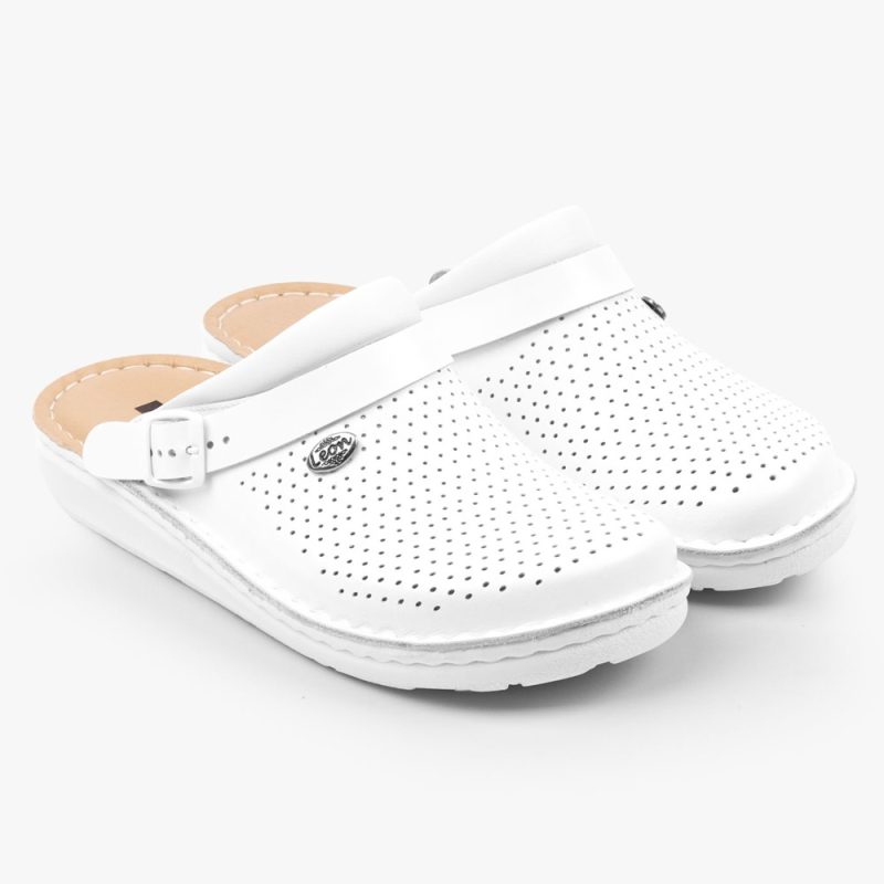 Saboti medicali, unisex, din piele, cu bareta, Leon 300, alb