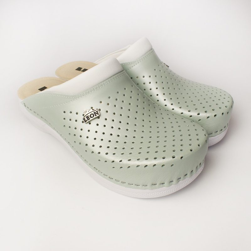 Saboti medicali, unisex, din piele, verde perlat, Leon PU100